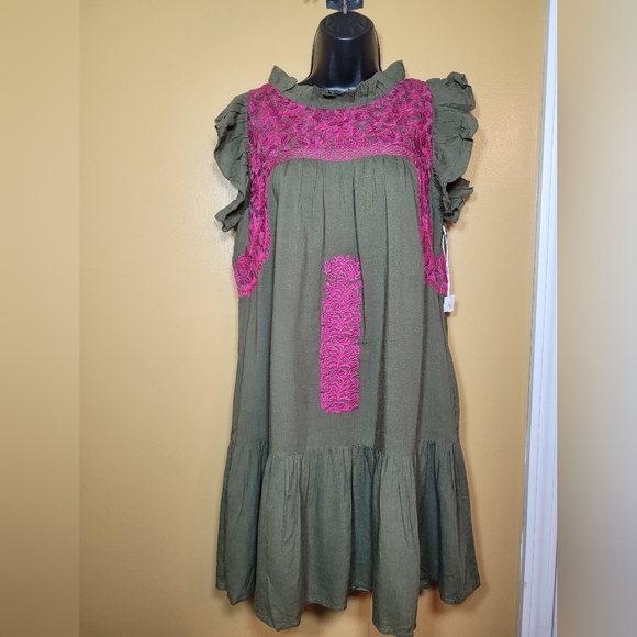 NWOT j.marie Linen Blend Isla Mae Olive Green Embroidered Tiered Boho Mini Dress - Picture 1 of 13